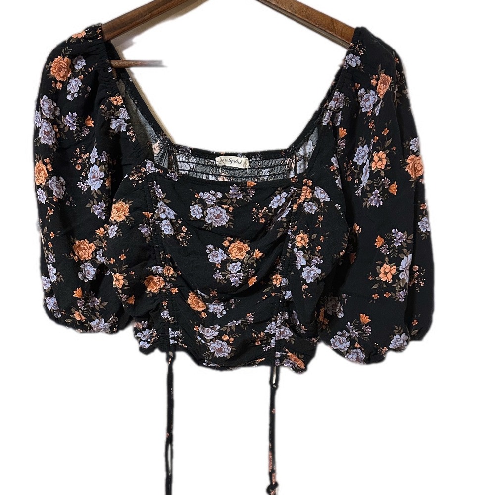 YTU BE SPOILED Black Floral Ruched Smocked Square Neck Puff Sleeve Crop Top L